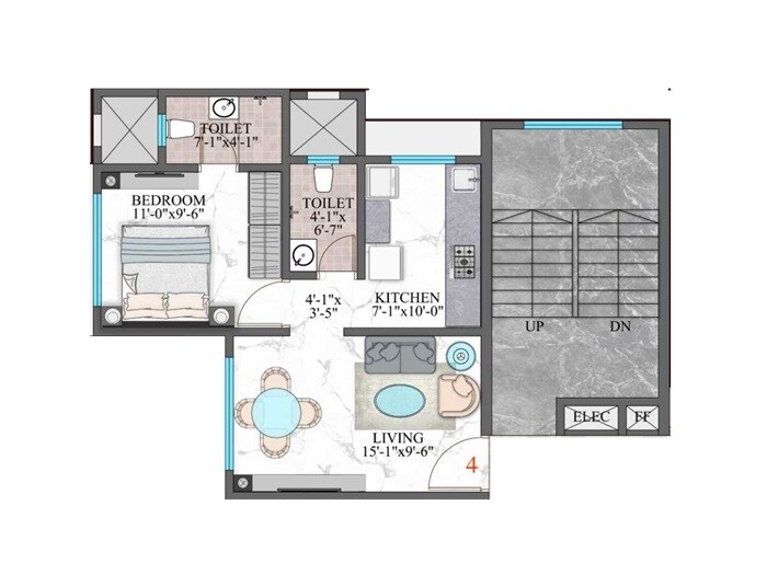 Floor plan of 1 BHK 409 Sq. Ft. Apartment in Amar Shiv Shakti CHS, Mumbai
