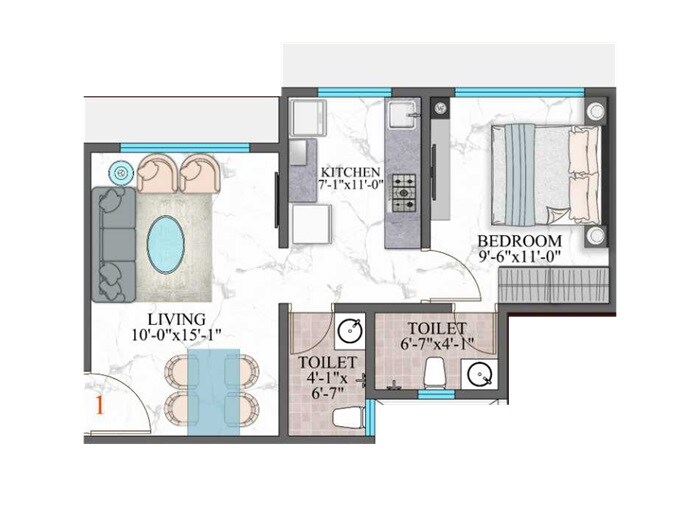 Floor plan of 1 BHK 503 Sq. Ft. Apartment in Amar Shiv Shakti CHS, Mumbai