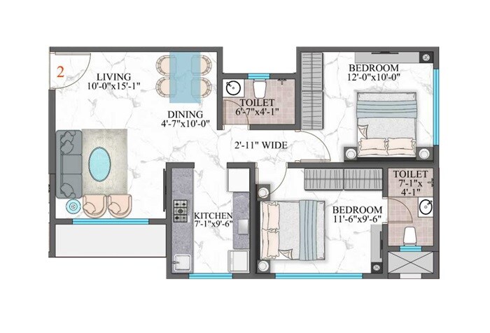Floor plan of 2 BHK 587 Sq. Ft. Apartment in Amar Shiv Shakti CHS, Mumbai