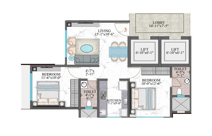 Floor plan of 2 BHK 613 Sq. Ft. Apartment in Amar Shiv Shakti CHS, Mumbai