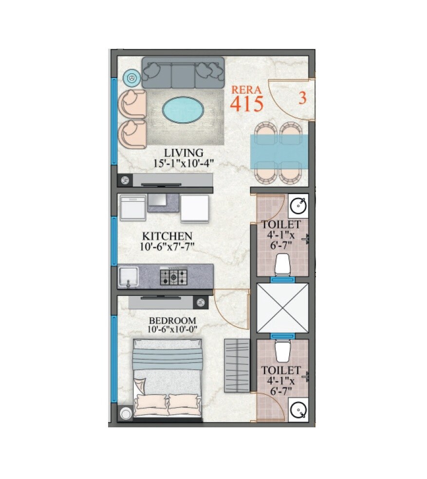 Floor plan of 1 BHK 415 Sq. Ft. Apartment in Amar Shree Krupa CHS, Mumbai