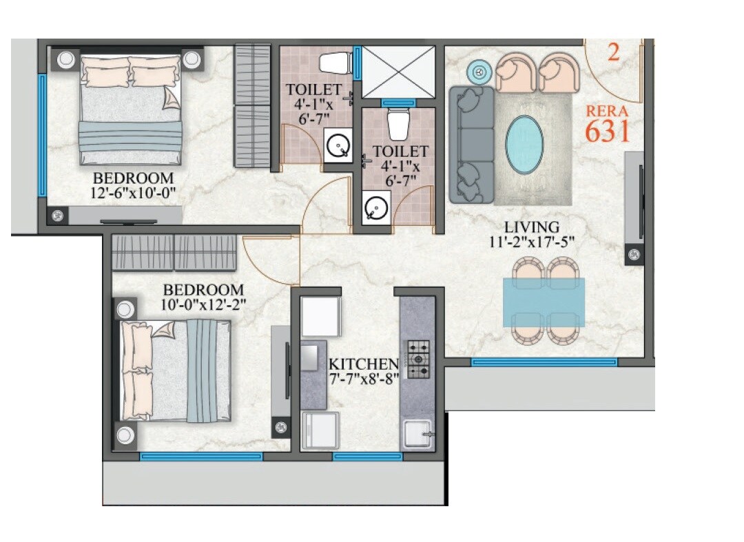 Floor plan of 2 BHK 631 Sq. Ft. Apartment in Amar Shree Krupa CHS, Mumbai