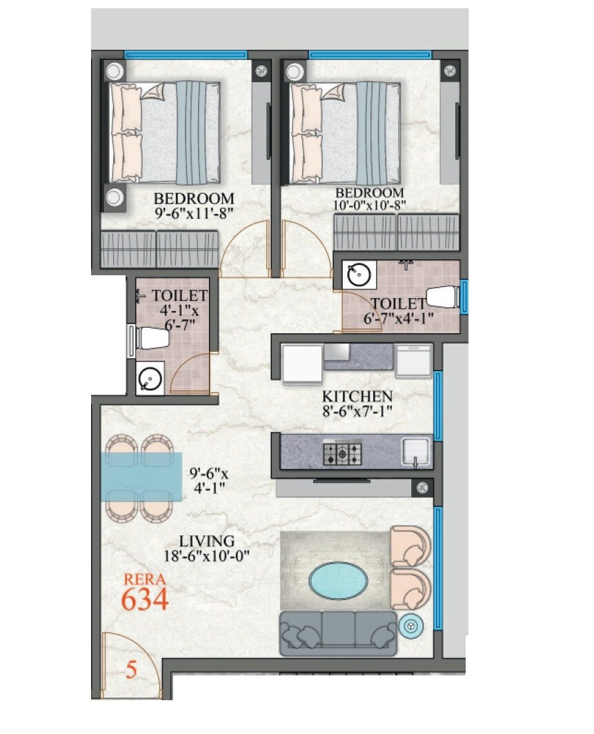 Floor plan of 2 BHK 634 Sq. Ft. Apartment in Amar Shree Krupa CHS, Mumbai