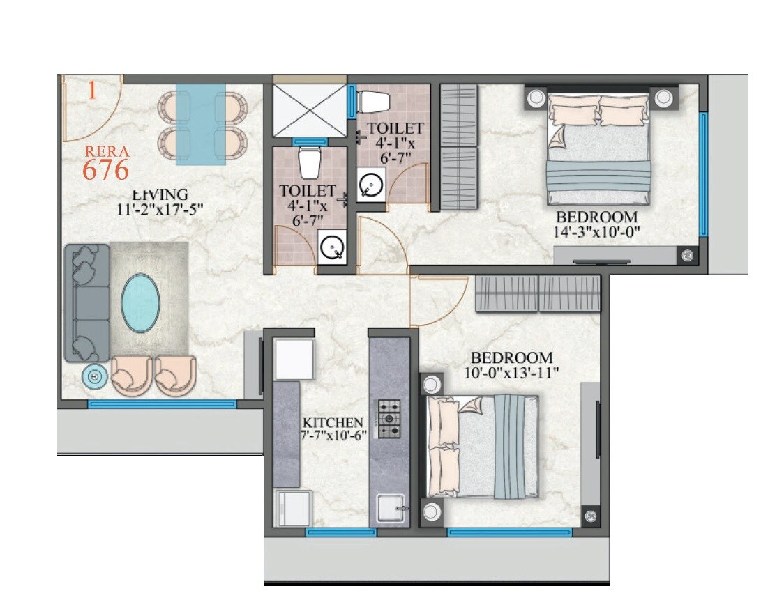 Floor plan of 2 BHK 676 Sq. Ft. Apartment in Amar Shree Krupa CHS, Mumbai