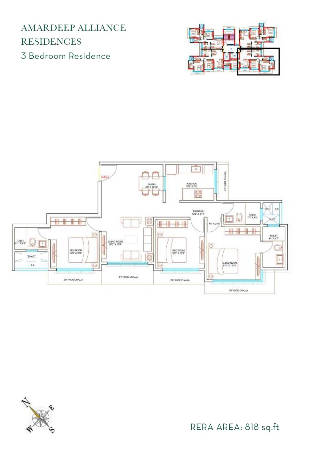 Floor plan of 3 BHK 818 Sq. Ft. Apartment in Amardeep Alliance, Mumbai
