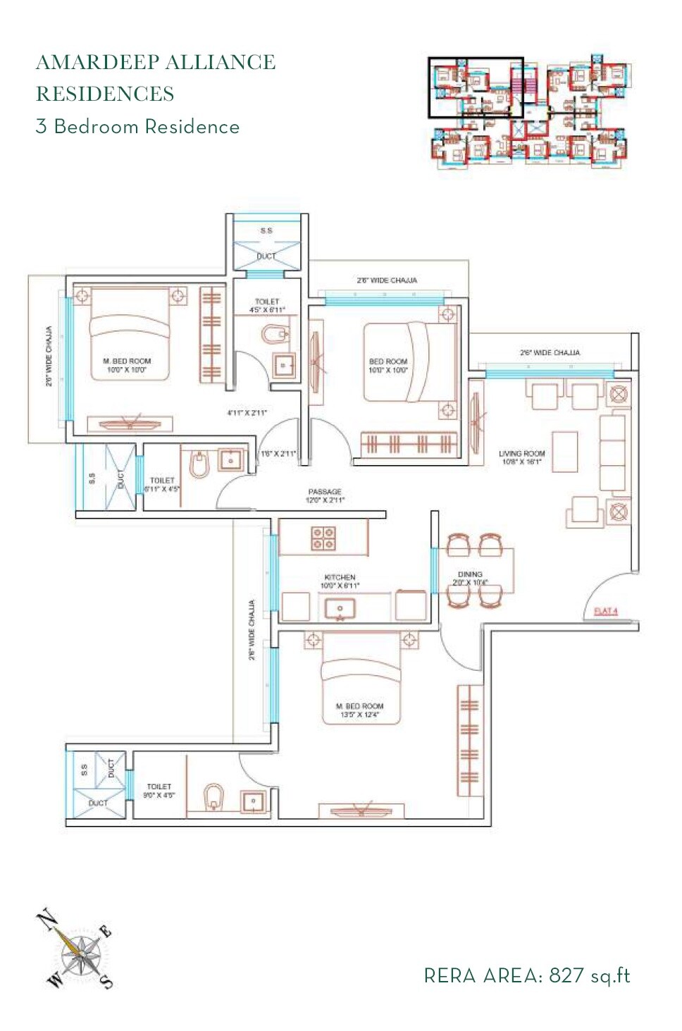 Floor plan of 3 BHK 827 Sq. Ft. Apartment in Amardeep Alliance, Mumbai