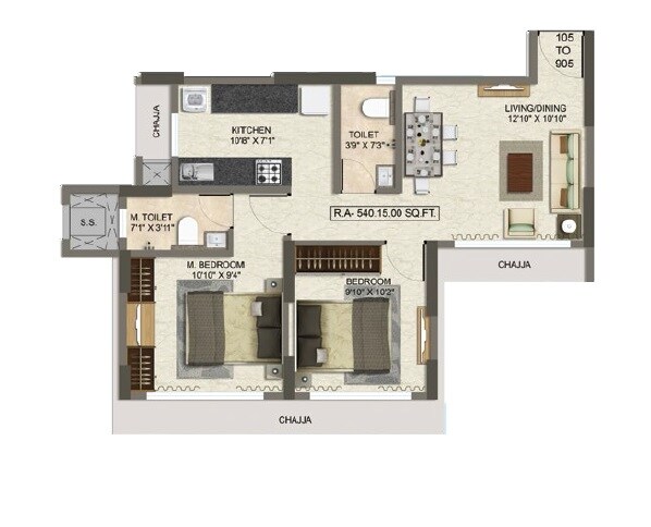 Floor plan of 2 BHK 540 Sq. Ft. Apartment in Ambarish CHS, Mumbai