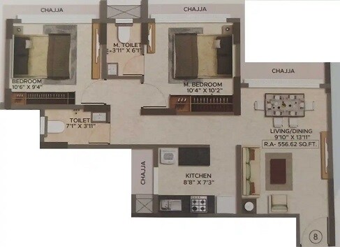 Floor plan of 2 BHK 556 Sq. Ft. Apartment in Ambarish CHS, Mumbai