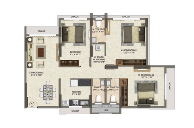 Floor plan of 3 BHK 883 Sq. Ft. Apartment in Ambarish CHS, Mumbai