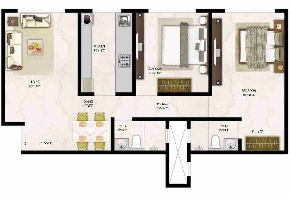 Floor plan of 2 BHK 702 Sq. Ft. Apartment in Ambit Vista, Mumbai