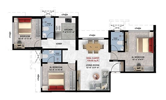 Floor plan of 3 BHK 930 Sq. Ft. Apartment in Ameya Dhanishtha, Mumbai