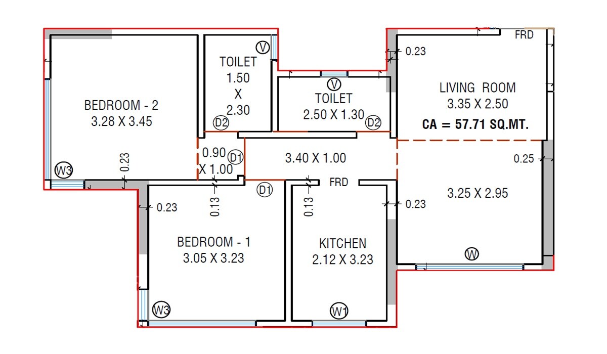Floor plan of 2 BHK 621 Sq. Ft. Apartment in Ameya Happy Homes, Mumbai