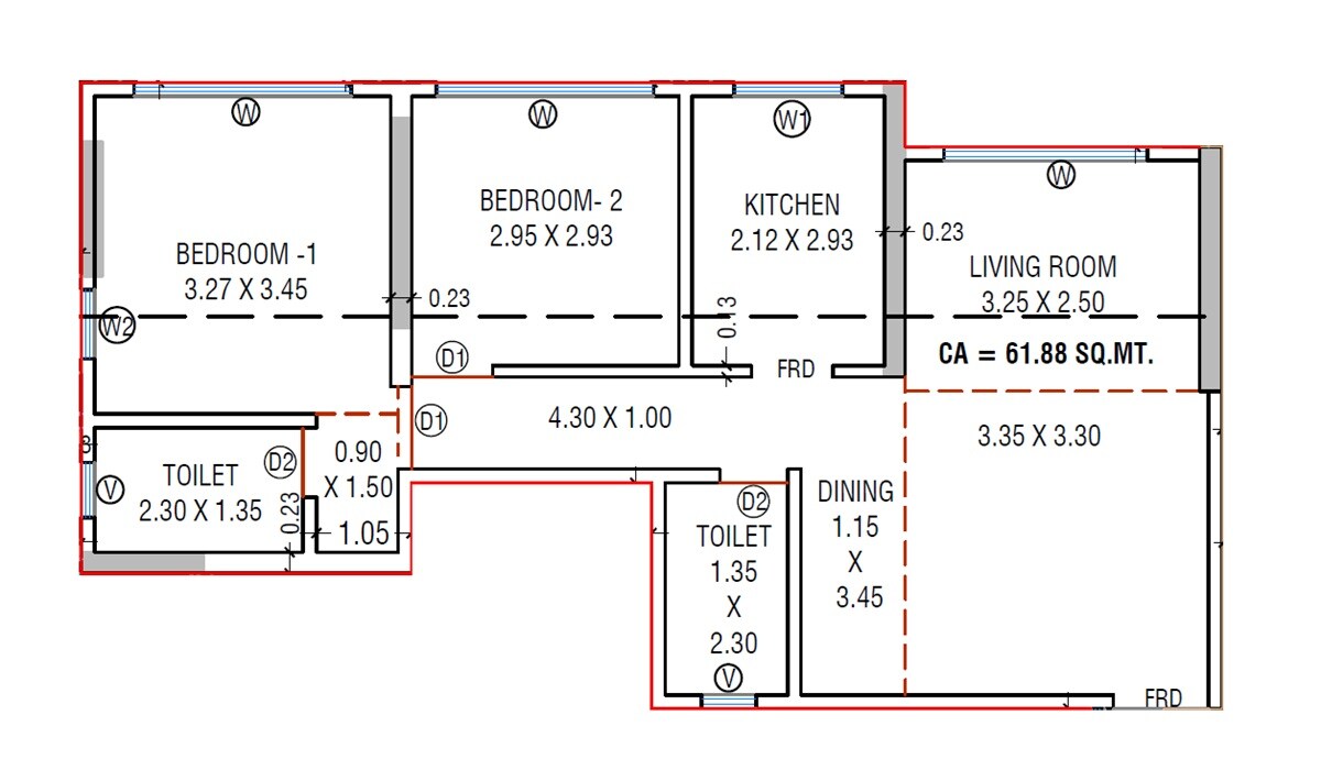 Floor plan of 2 BHK 666 Sq. Ft. Apartment in Ameya Happy Homes, Mumbai