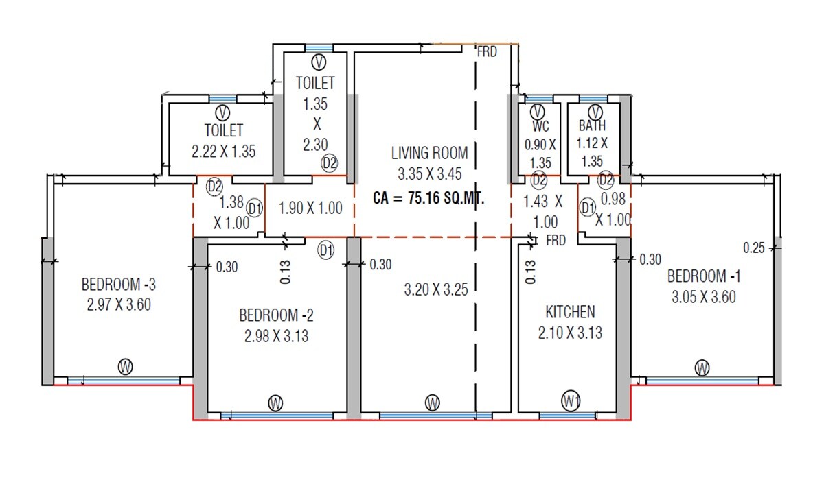 Floor plan of 3 BHK 809 Sq. Ft. Apartment in Ameya Happy Homes, Mumbai