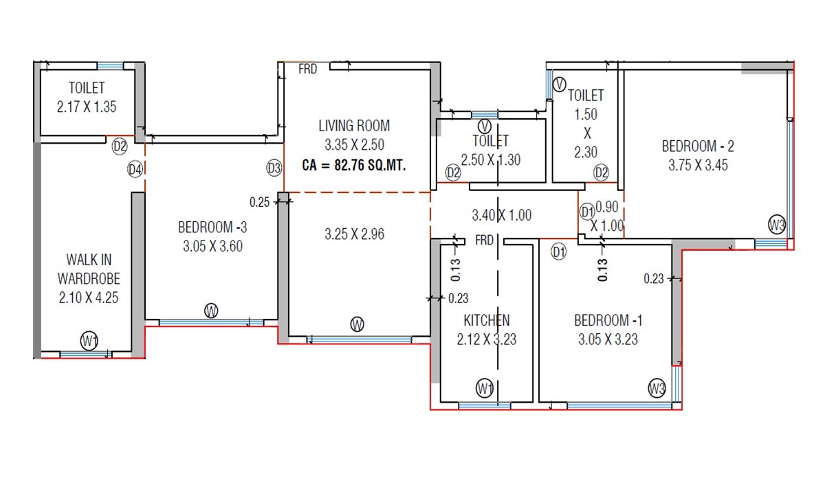 Floor plan of 3 BHK 890 Sq. Ft. Apartment in Ameya Happy Homes, Mumbai