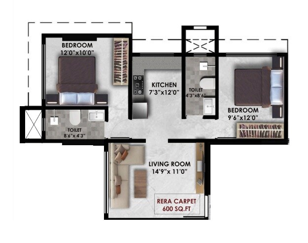 Floor plan of 2 BHK 600 Sq. Ft. Apartment in Ameya Residency, Mumbai