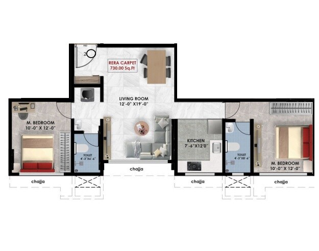Floor plan of 2 BHK 730 Sq. Ft. Apartment in Ameya Residency, Mumbai