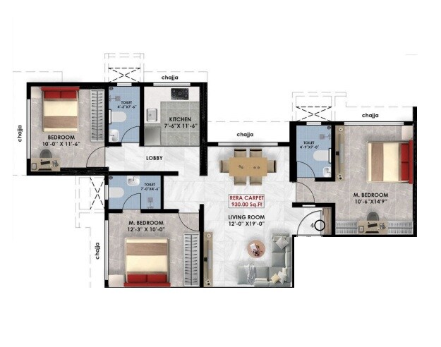 Floor plan of 3 BHK 930 Sq. Ft. Apartment in Ameya Residency, Mumbai
