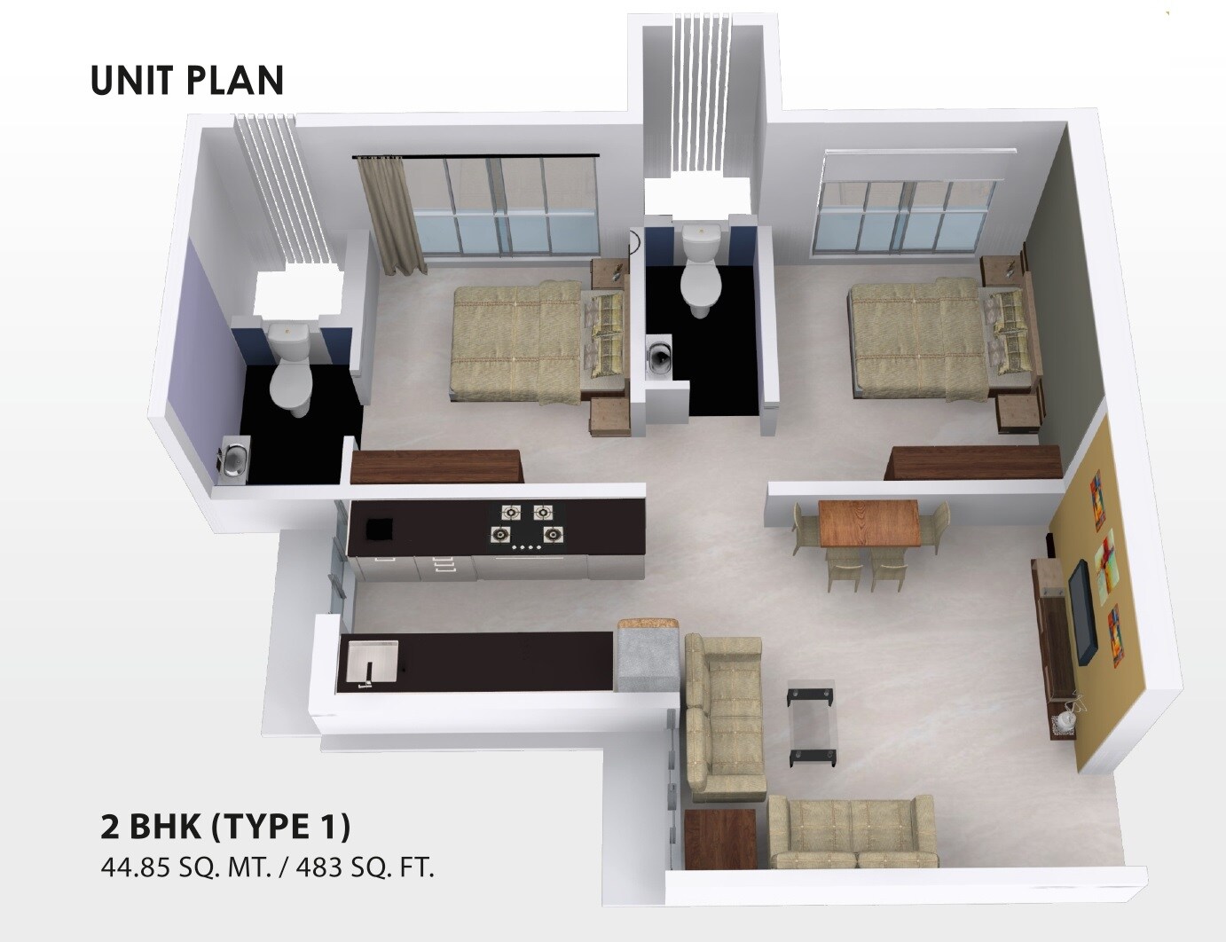 Floor plan of 2 BHK 483 Sq. Ft. Apartment in Ami Vini Solitaire, Mumbai
