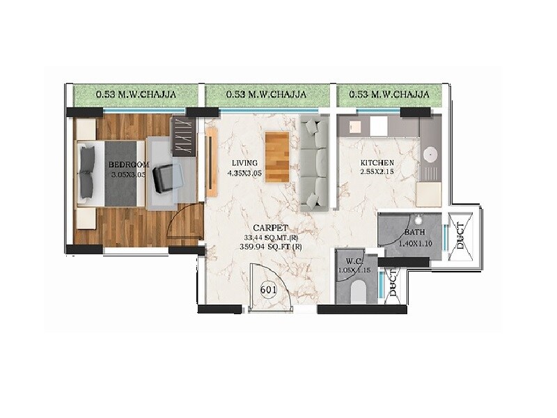 Floor plan of 1 BHK 349 Sq. Ft. Apartment in AMO Swapna Sudha CHSL, Mumbai