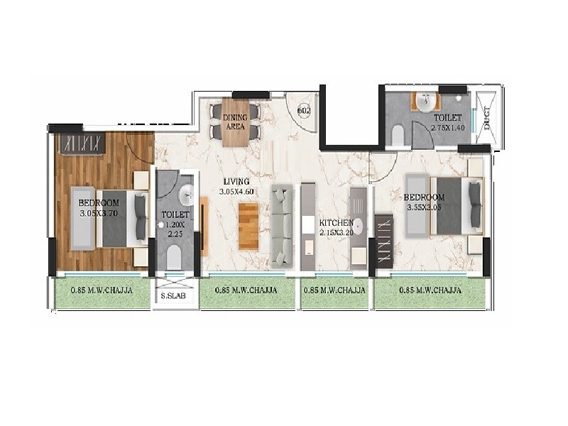 Floor plan of 2 BHK 598 Sq. Ft. Apartment in AMO Swapna Sudha CHSL, Mumbai