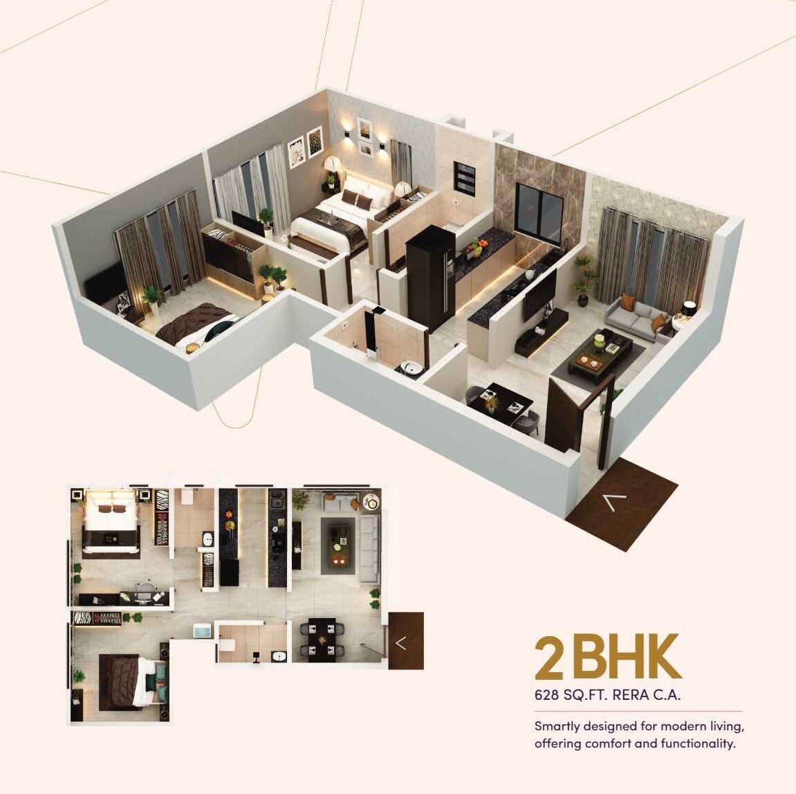 Floor plan of 2 BHK 628 Sq. Ft. Apartment in Ampple One, Mumbai