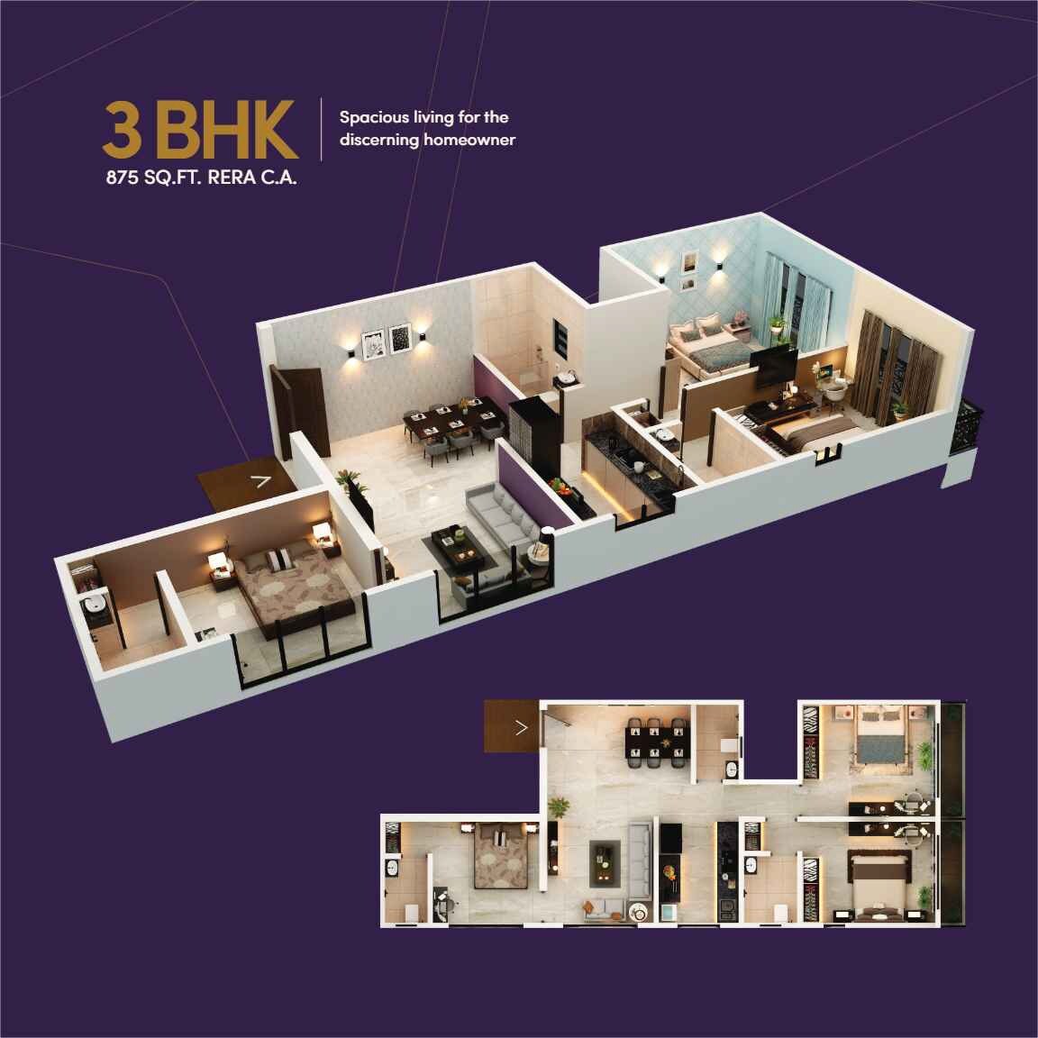 Floor plan of 3 BHK 875 Sq. Ft. Apartment in Ampple One, Mumbai