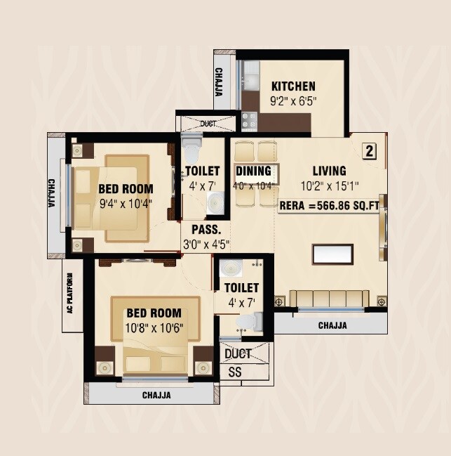 Floor plan of 2 BHK 567 Sq. Ft. Apartment in Analiza Anandam, Mumbai