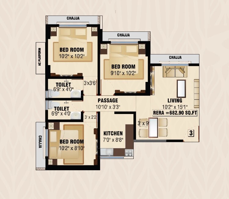 Floor plan of 2 BHK 682 Sq. Ft. Apartment in Analiza Anandam, Mumbai