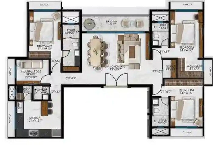 Floor plan of 3 BHK 1353 Sq. Ft. Apartment in Anamaya Ranjan Elegance, Mumbai