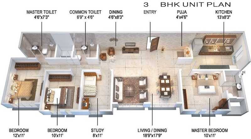 Floor plan of 3 BHK 867 Sq. Ft. Apartment in Anand Heights, Mumbai