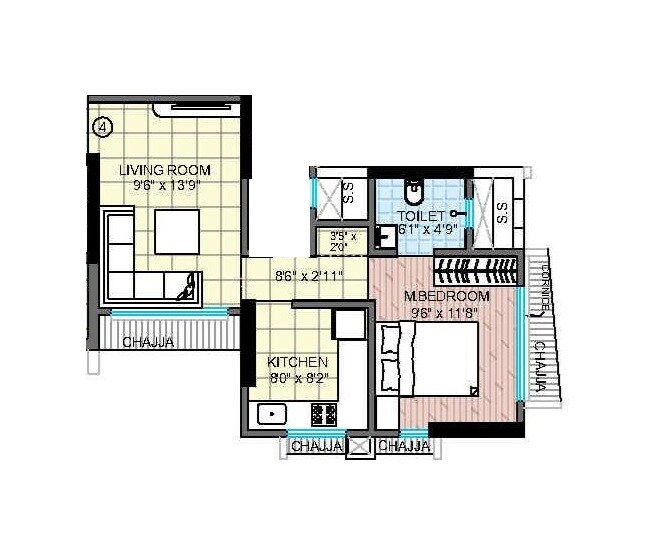 Floor plan of 1 BHK 416 Sq. Ft. Apartment in Anant Ashirwad, Mumbai