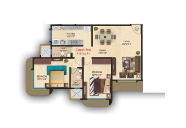 Floor plan of 2 BHK 816 Sq. Ft. Apartment in Anant Bhoomi, Mumbai