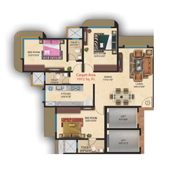 Floor plan of 3 BHK 1012 Sq. Ft. Apartment in Anant Bhoomi, Mumbai