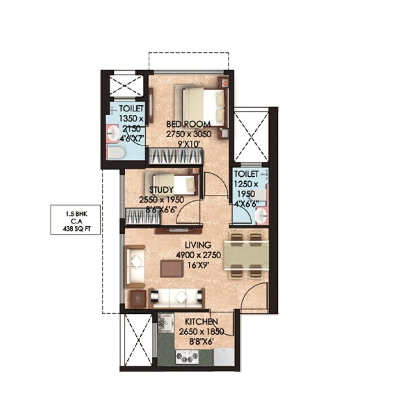 Floor plan of 1 BHK 439 Sq. Ft. Apartment in Anant Siddhi, Mumbai