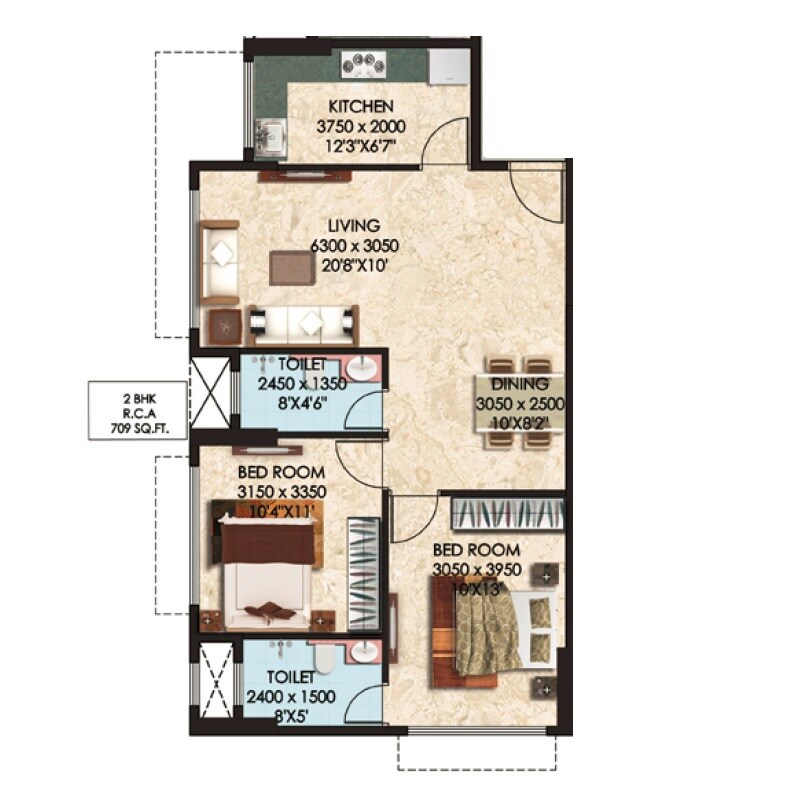 Floor plan of 2 BHK 710 Sq. Ft. Apartment in Anant Siddhi, Mumbai