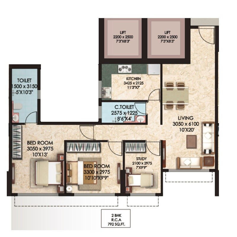 Floor plan of 3 BHK 792 Sq. Ft. Apartment in Anant Siddhi, Mumbai