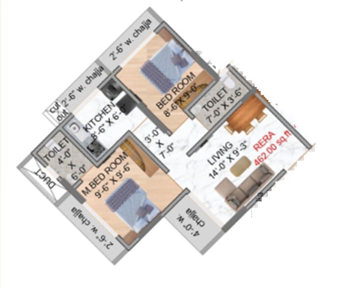 Floor plan of 1 BHK 351 Sq. Ft. Apartment in Anax Basheera Residency, Mumbai