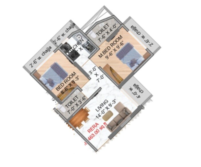 Floor plan of 2 BHK 464 Sq. Ft. Apartment in Anax Basheera Residency, Mumbai
