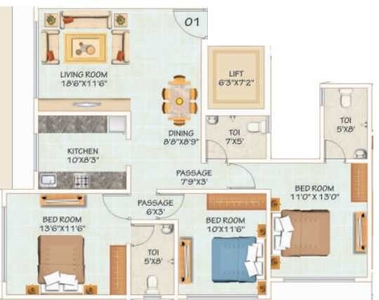 Floor plan of 3 BHK 986 Sq. Ft. Apartment in Anchor 49 Elina, Mumbai