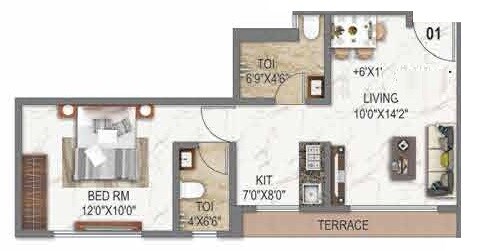 Floor plan of 1 BHK 444 Sq. Ft. Apartment in Angel Asmi Legend, Mumbai