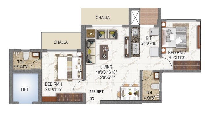 Floor plan of 2 BHK 537 Sq. Ft. Apartment in Angel Asmi Legend, Mumbai