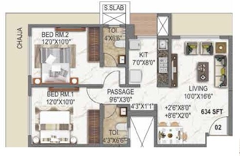 Floor plan of 2 BHK 634 Sq. Ft. Apartment in Angel Asmi Legend, Mumbai