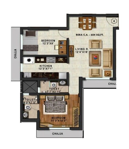 2 BHK 604 Sq. Ft. Apartment