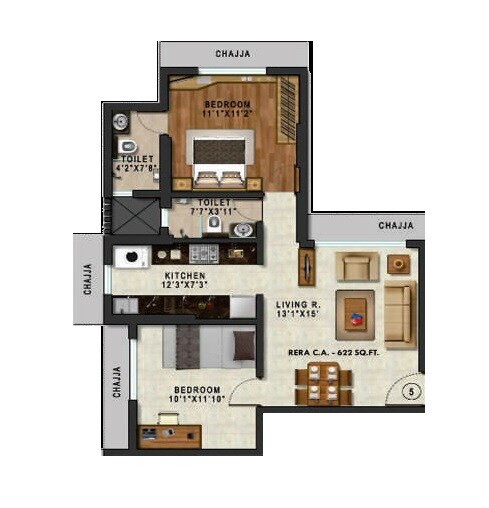 2 BHK 622 Sq. Ft. Apartment