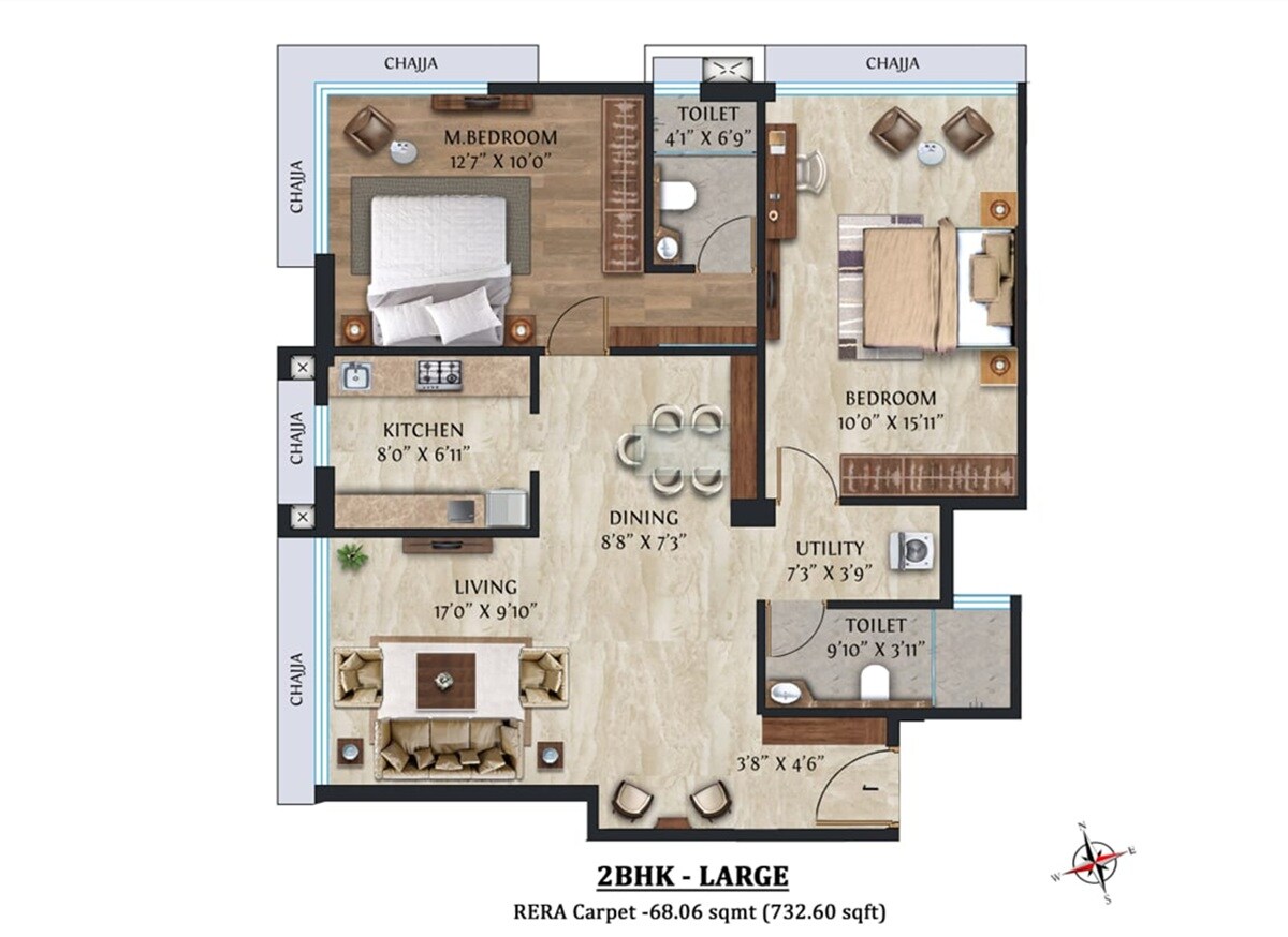 Floor plan of 2 BHK 733 Sq. Ft. Apartment in ANJ Ananda Anushasan CHS, Mumbai