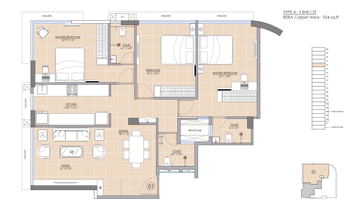 3 BHK 924 Sq. Ft. Apartment