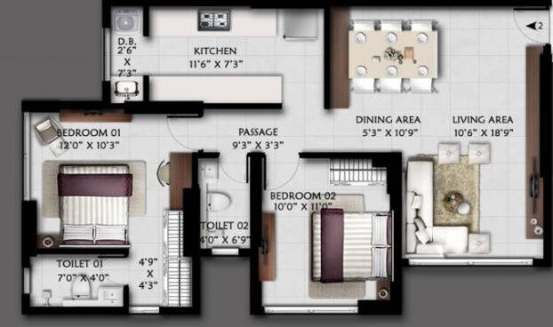 Floor plan of 2 BHK 529 Sq. Ft. Apartment in Anjani Shiv Ganga, Mumbai