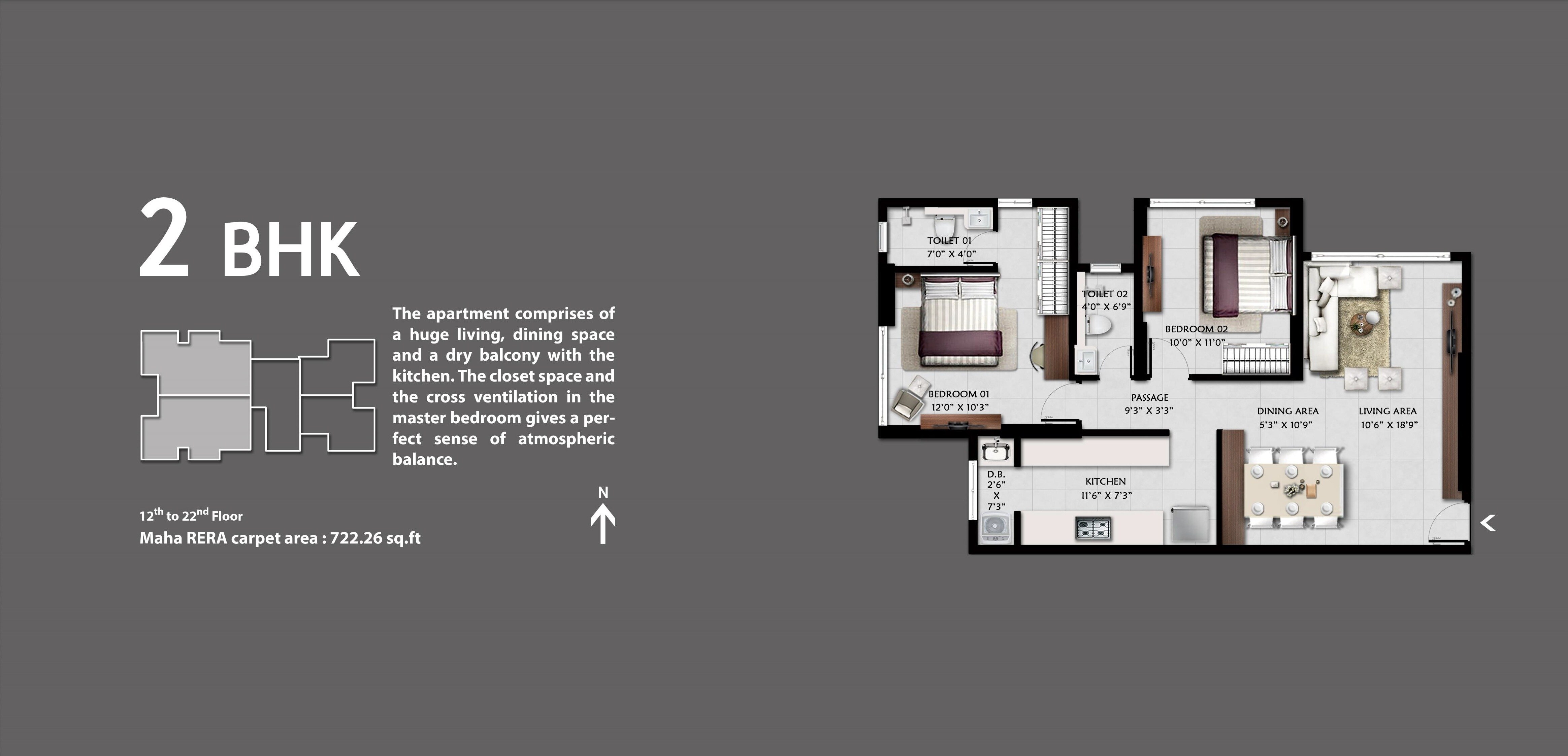 Floor plan of 2 BHK 722 Sq. Ft. Apartment in Anjani Shiv Ganga, Mumbai