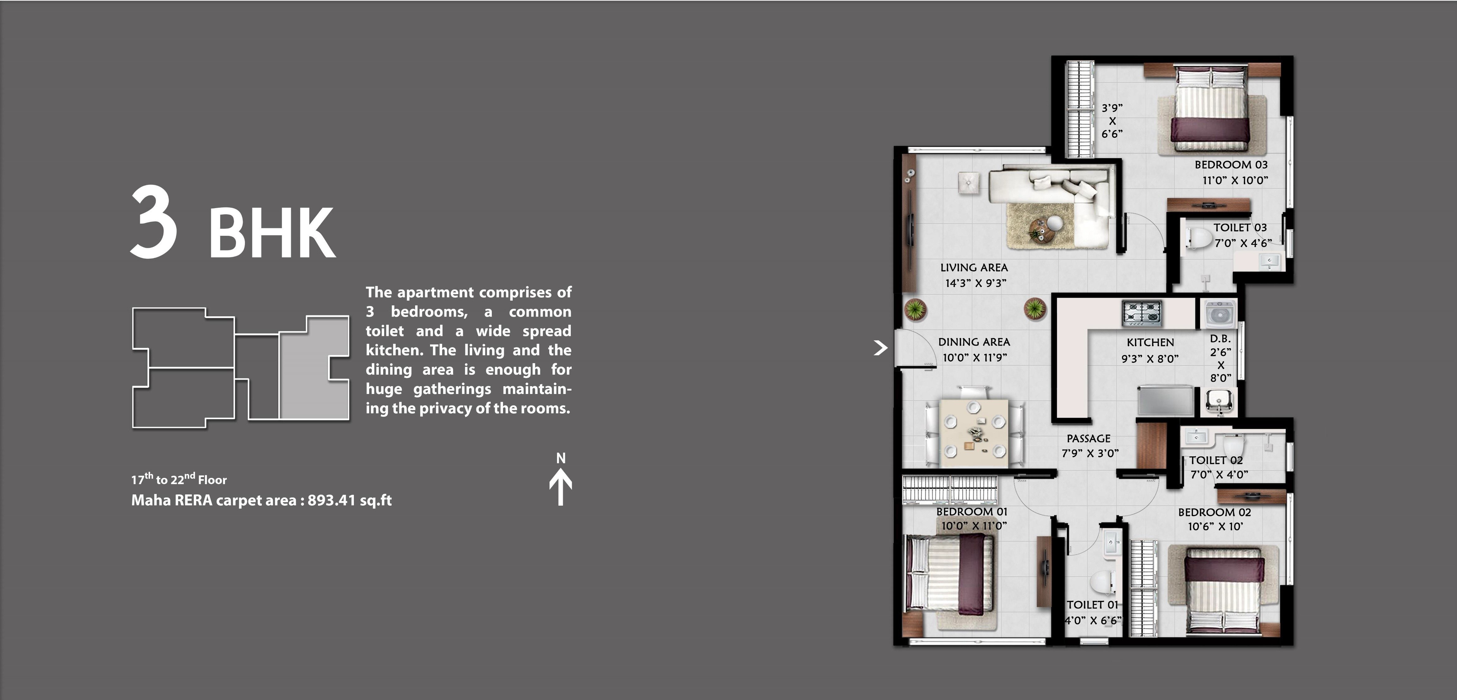 3 BHK 893 Sq. Ft. Apartment